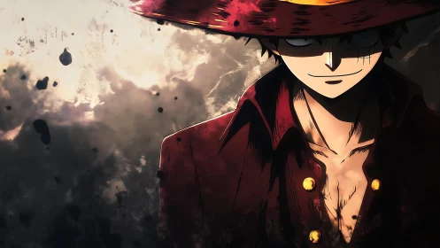 Straw hat anime figure in red coat against dark backdrop.