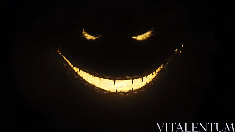 Glowing sinister grin and eyes in dark negative space.