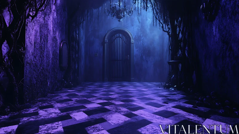 Gothic corridor with barred iron door in eerie violet fog