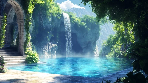 Stone arch pool beside waterfall in lush rocky gorge.