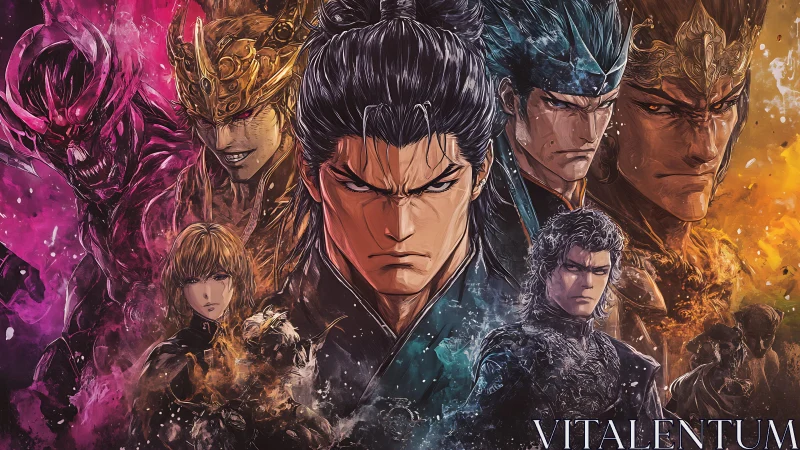 Central armored figure surrounded by multiple stylized warriors