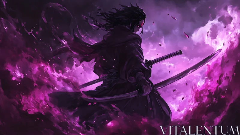 Violet stormfire crowns a lone swordsman in spectral rage