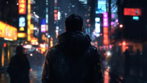 Lone drifter soaks in neon rain on a sleepless city street.
