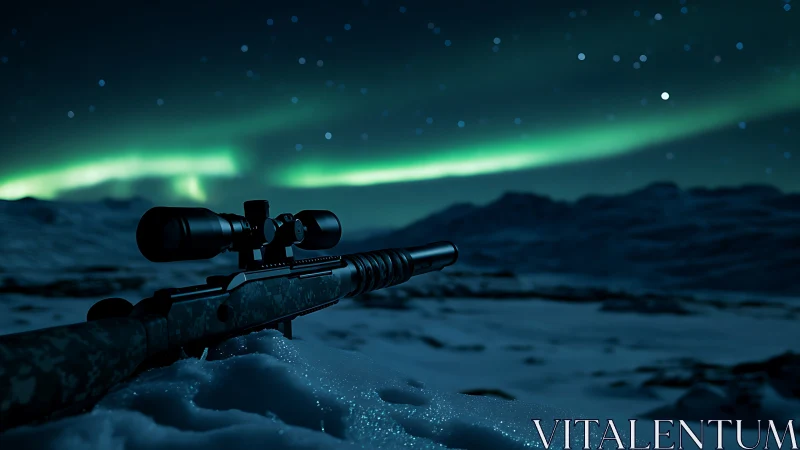Scoped rifle positioned on snowy terrain beneath aurora borealis.