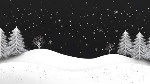 Monochrome winter hills under delicate falling snowflakes.