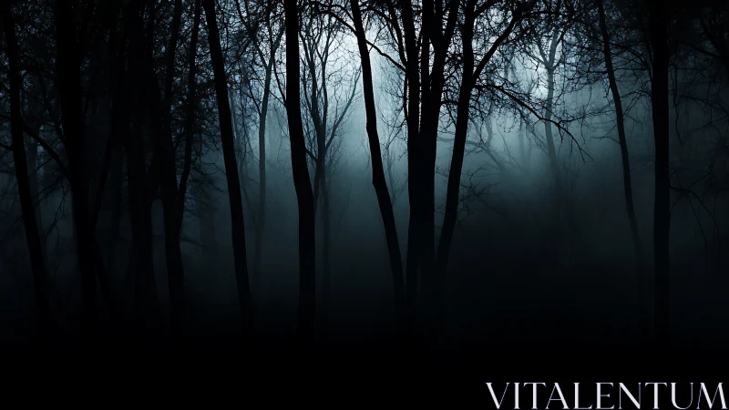 Moonlit trees emerge through dense, ghostly forest fog.