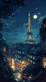 Moonlit Paris avenue dreams beneath a glowing tower.