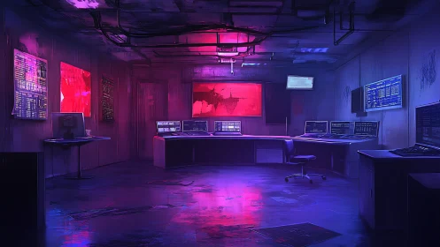 Cybersecurity command center in neon lit control room.