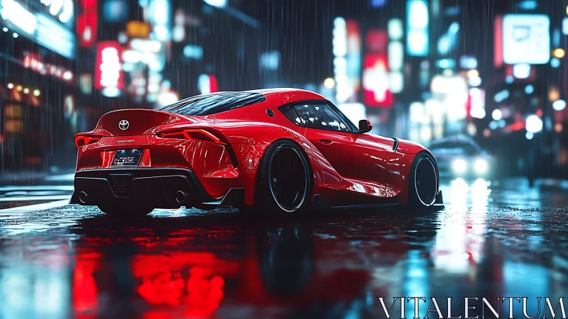 Red sports coupe on wet neon city street at night.