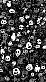 Monochrome pattern of varied cartoon ghostlike characters.