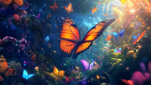 Glowing butterflies drift through a dreamy enchanted forest