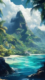 Tropical Island Landscape with Towering Rock Formation and Turquoise Waters