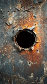 Rusted metal plate encircles dark central circular void