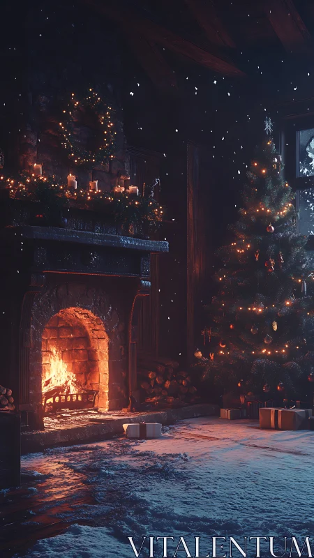Snowy cabin fireplace with decorated Christmas tree.