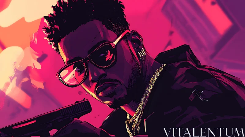 Neon-lit gunman portrait under bold magenta city glow.