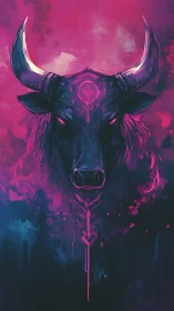 Bull skull illustration glows in neon pink and blue haze
