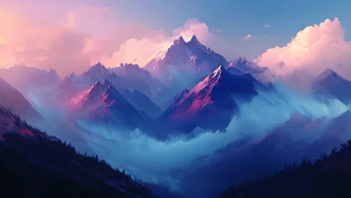 Sunlit alpine peaks rising through violet twilight mists.