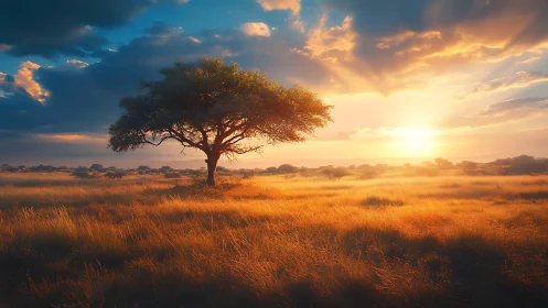 Golden savanna sunset cradling a solitary, peaceful tree.