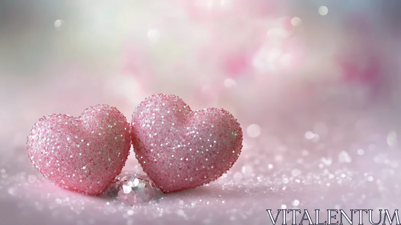 Two Glittering Pink Hearts Sparkling Together.
