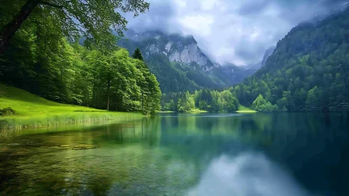 Alpine glacial lake with reflective still water and dense conifers
