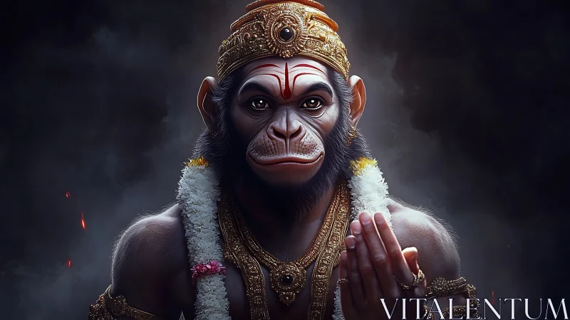 Hyperreal simian deity portrait with ornate golden regalia