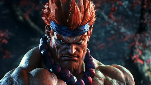 Fierce warrior glares through ember light and crimson calm