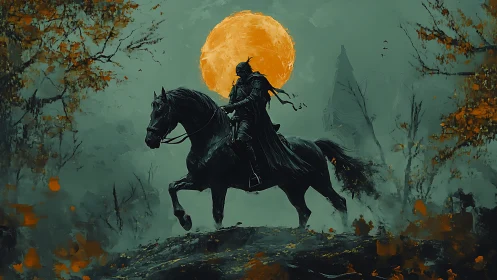 Midnight rider crosses a haunted forest beneath burning moon