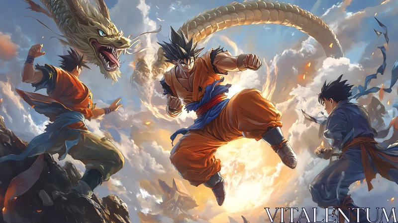 Martial artist figures confront airborne amid coiled dragon