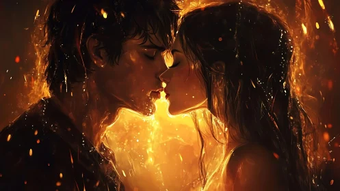 Twin Flames Ignite: Luminous Souls Converge in Golden Conflagration.