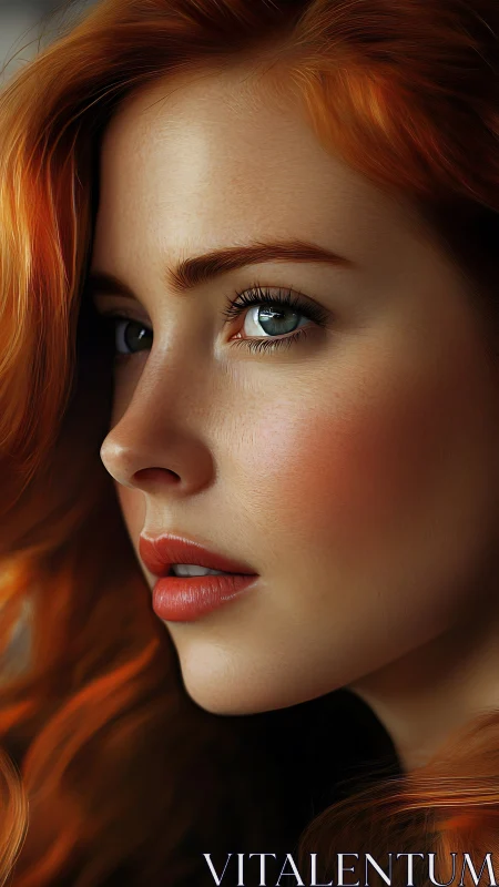 Close cropped profile of red haired woman in soft light.
