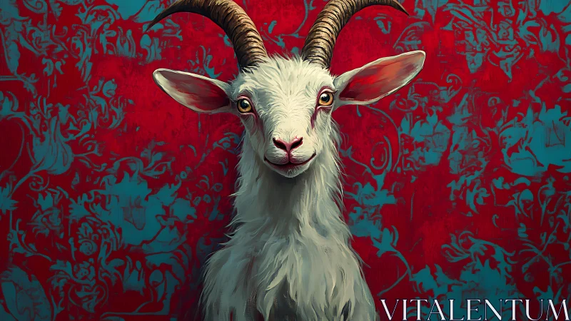 White goat stands against patterned red and teal backdrop