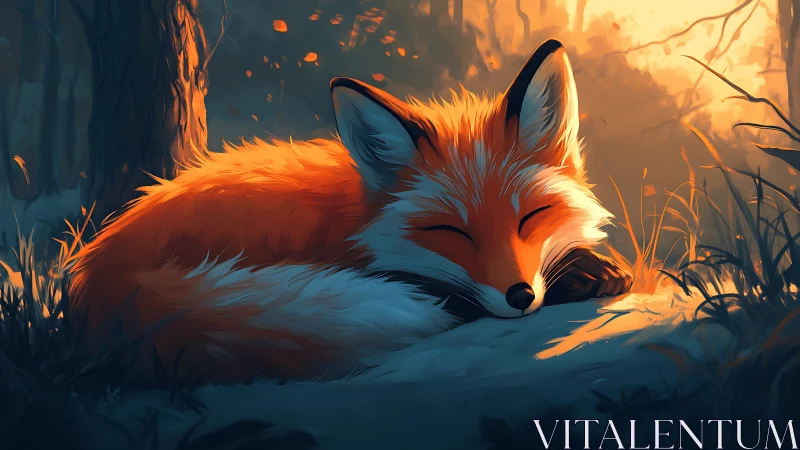 Sleeping red fox curls in warm light of tranquil forest
