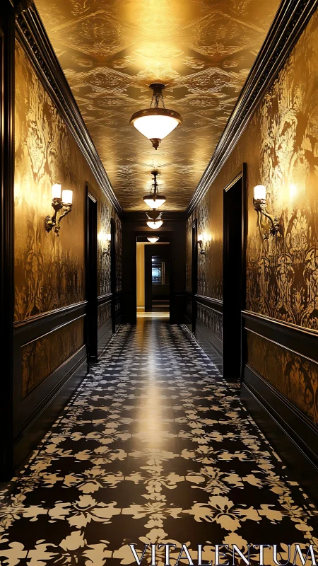 Opulent golden hallway glows with patterned vintage elegance