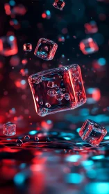 Glowing ice cubes drift in neon light over liquid surface