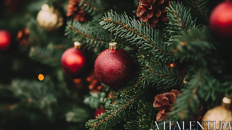 Red Christmas bauble hangs on dense evergreen tree branches