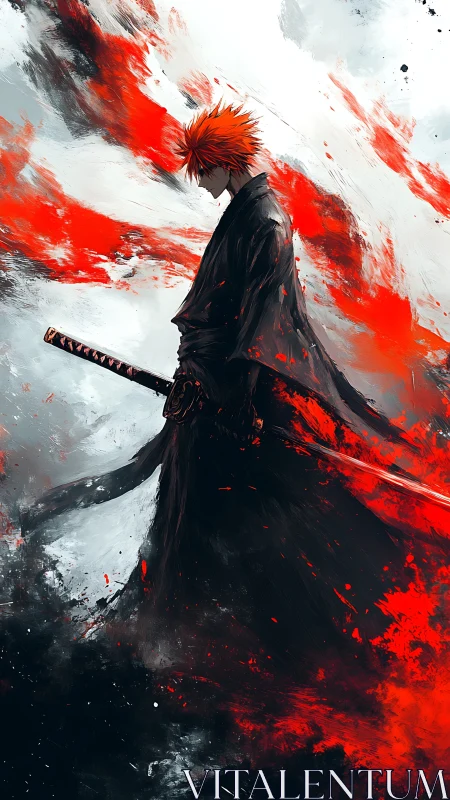 Solitary swordsman silhouette amid abstract red strokes.