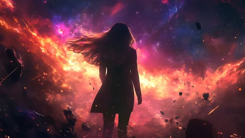 Silhouetted woman within luminous cosmic nebula storm.