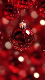 Red glass bauble glows against blurred festive bokeh background.