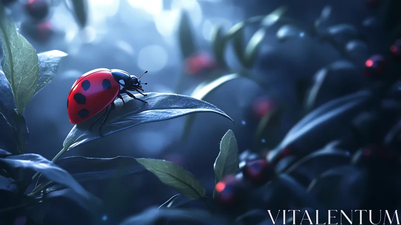 Photorealistic macro ladybug on leaf in nocturnal bokeh field.