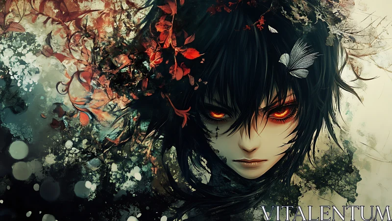 Enigmatic anime portrait merges fiery gaze with organic chaos