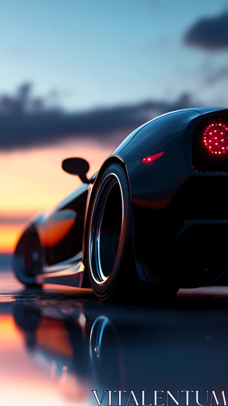Low-slung midnight supercar stalking a molten horizon.