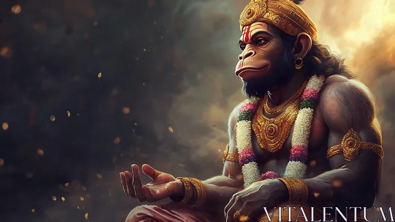 Hanuman deity portrait under dramatic golden light.