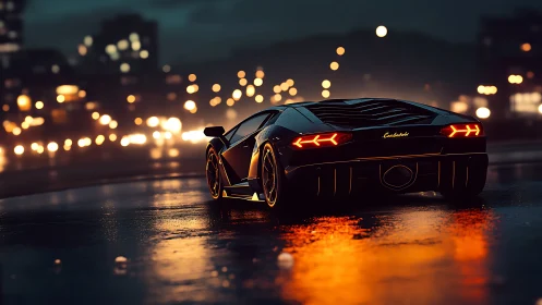 Midnight supercar poised on rain-soaked neon boulevard.