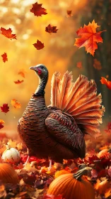 Turkey stands among pumpkins under falling autumn leaves