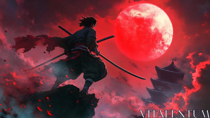 Ronin under the blood moon, stormwalking above crimson clouds.