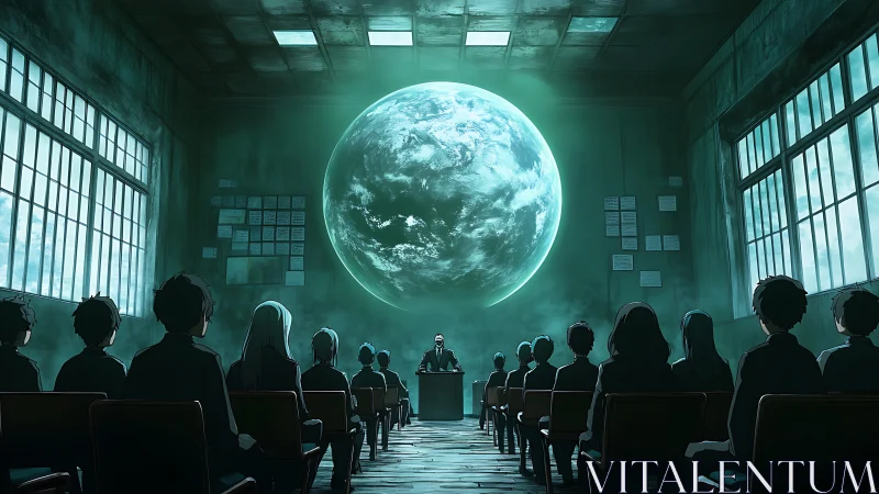 Students sit in dark classroom facing glowing projected earth