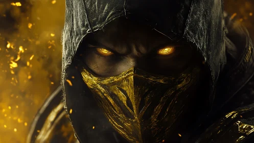 Hooded fire warrior with molten golden gaze in darkness.