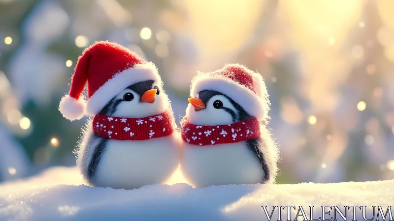 Digital render of two winter penguin figurines in Santa attire