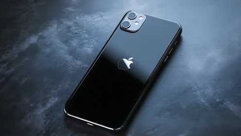 Glossy black smartphone rests on dark textured surface.