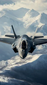 Stealth fighter jet cuts through icy mountain skies in winter